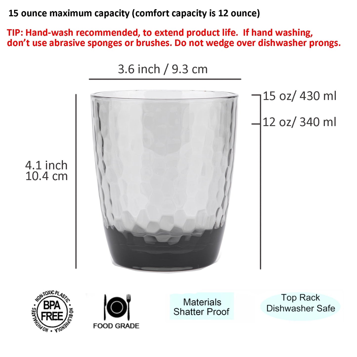 KX-Ware Hammered 15 Ounce and 26 Ounce Plastic Tumbler Acrylic Drinking Glasses,  Set of 8 Grey