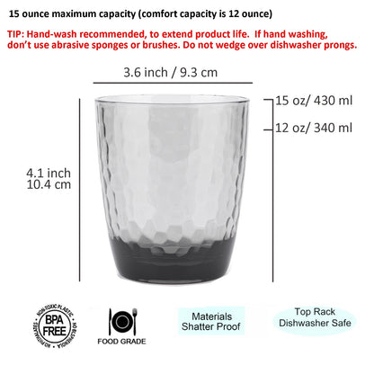 KX-Ware Hammered 15 Ounce and 26 Ounce Plastic Tumbler Acrylic Drinking Glasses,  Set of 8 Grey