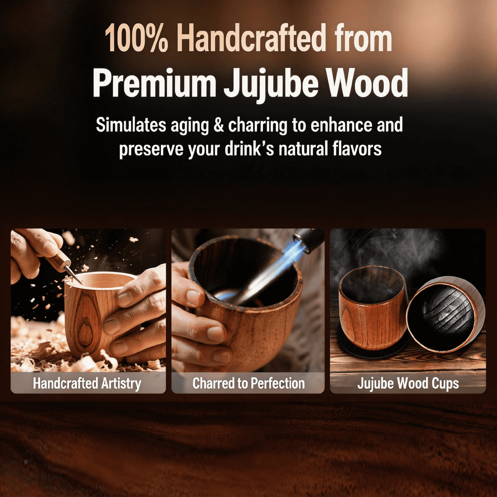 Natural Jujube Wood Whiskey Gift Set, 2 Handmade Unbreakable Wooden Tumblers with 8 Chilling Whiskey Stones, Tongs & Coasters, Insulated Barware Gift for Men, Husband, Dad, Bourbon Lovers