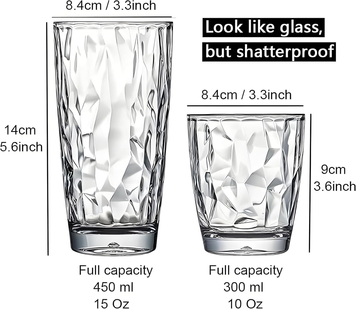 10 Oz Premium Unbreakable Drinking Glasses Dishwasher Safe BPA Free Acrylic Tumblers (Clear)