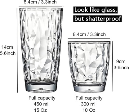 10 Oz Premium Unbreakable Drinking Glasses Dishwasher Safe BPA Free Acrylic Tumblers (Clear)