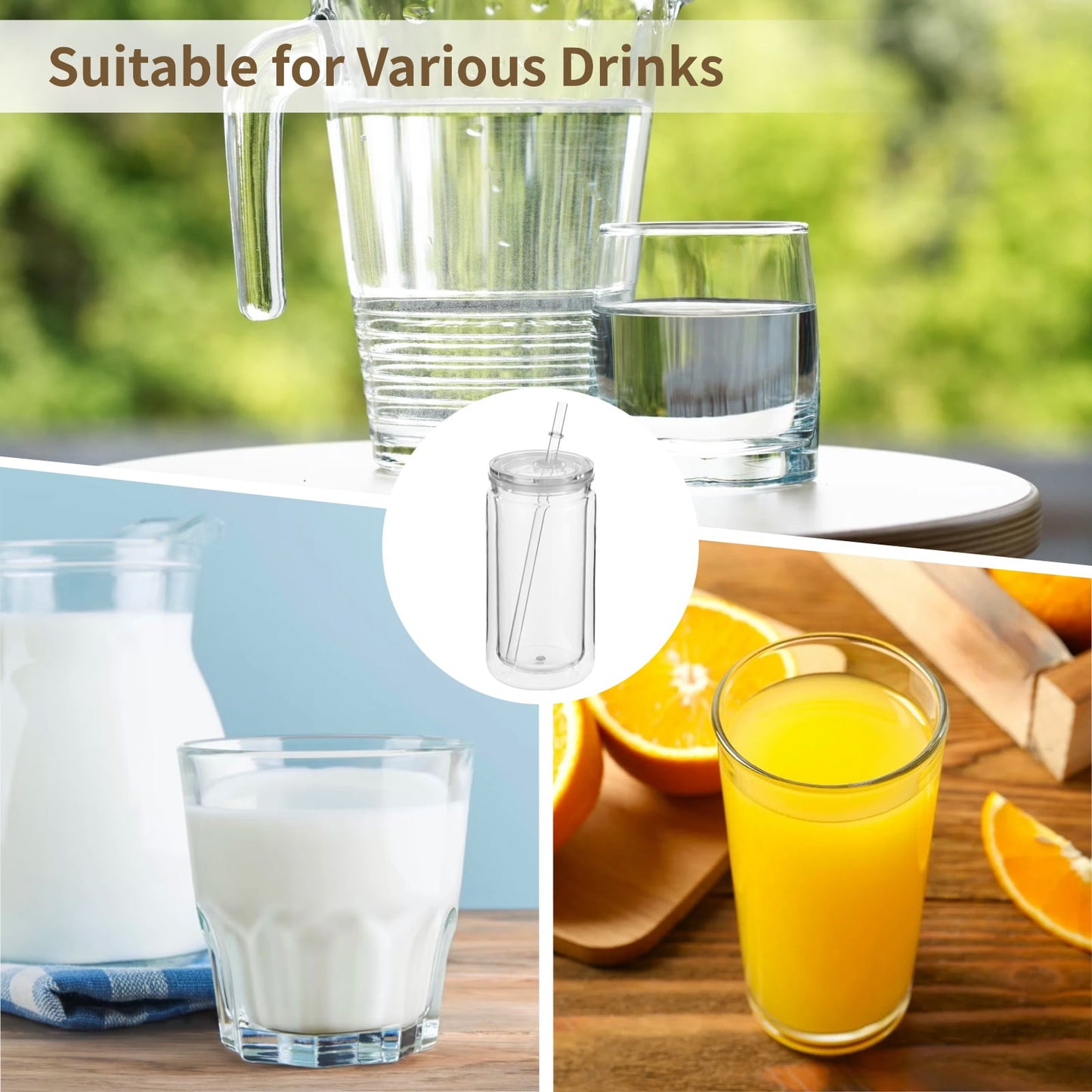8 Pcs 16 fl oz Plastic Tumblers with Lids and Straws, Double Wall Tumbler with Pre Drilled Hole Bulk Snow Globe Cups, Reusable Mason Cup with Silicone Plugs for Cold Drinks, DIY, Parties