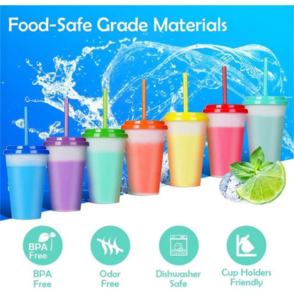 NOGIS 12oz Color Changing Cups Plastic Tumblers with Lids and Straws for Kids Spill Proof, 10pcs Reusable Summer Cold Drink Cups,Iced Coffee Tumblers/Party Cup
