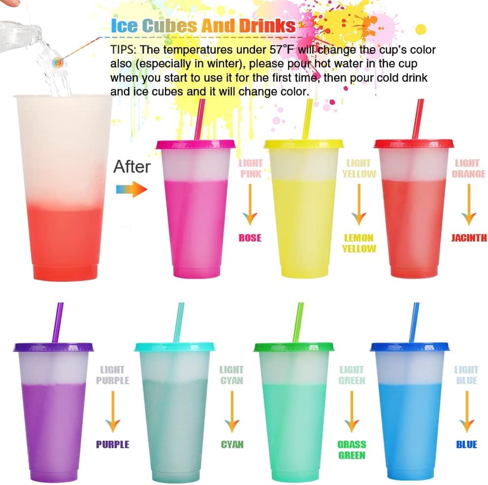 Color Changing Cups with Lids and Straws for Adults - 32oz Reusable Plastic Tumblers with Lids and Straws for Kids in Summer Colors, 7 Iced Coffee Tumbler Party Drinking Cup BPA free