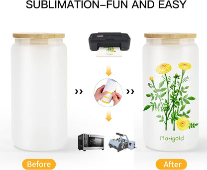 AGH 25 Pack Sublimation Glass Blanks Frosted Cans, 16 OZ Sublimation Tumblers Beer Drinking Cups with Wooden Lid & Plastic Straw, Coffee Cup, Iced Coffee Glasses for Juice, Soda, DIY Gift