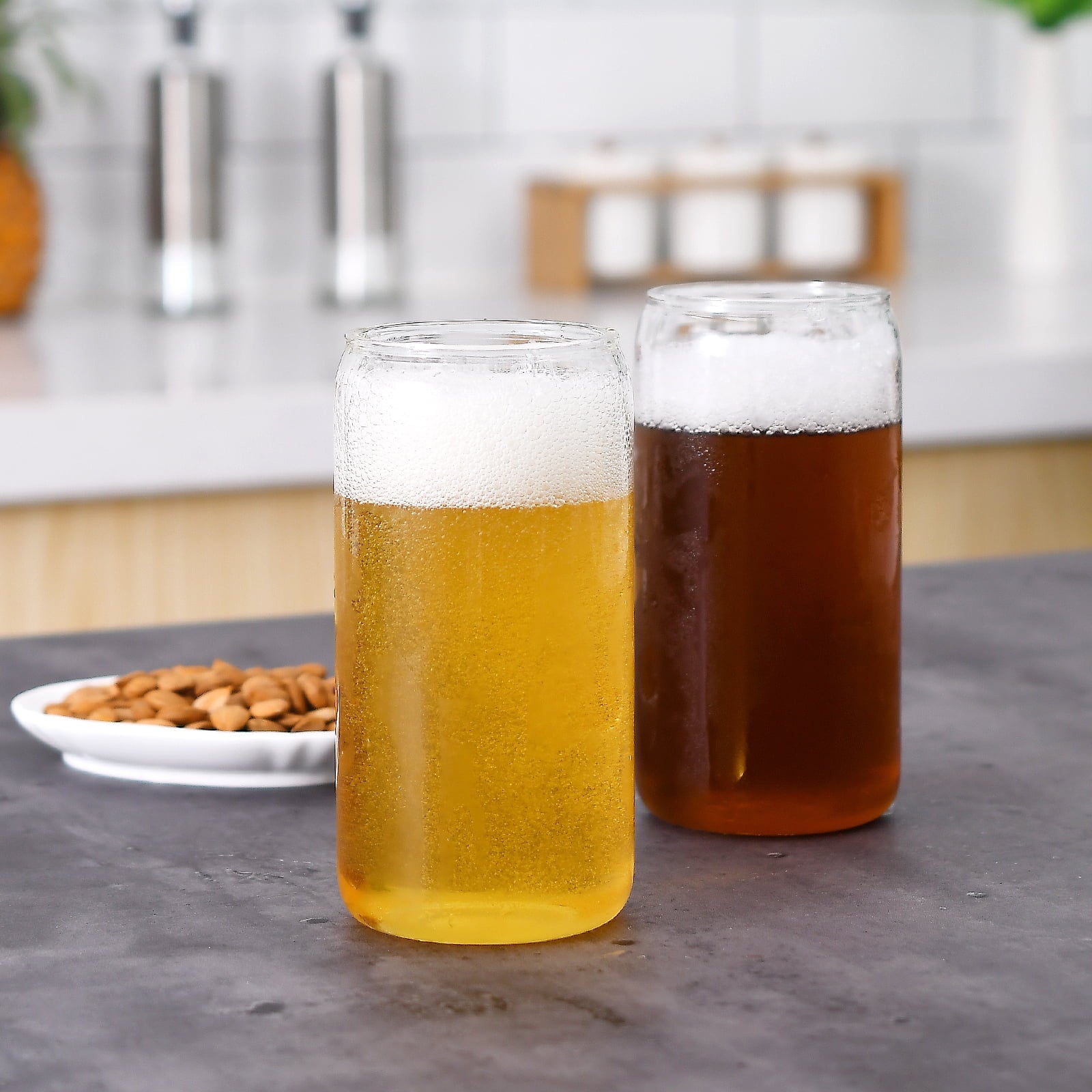 4 Pcs Drinking Glasses  with Bamboo Lids and Stainless Steel Straws - 16 oz Can Shaped Glasses, Lovely Tumbler Cups for Cocktails, Beer, Iced Coffee, Soda, Boba Tea, Including 1 Cleaning Brushe.