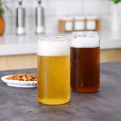 4 Pcs Drinking Glasses  with Bamboo Lids and Stainless Steel Straws - 16 oz Can Shaped Glasses, Lovely Tumbler Cups for Cocktails, Beer, Iced Coffee, Soda, Boba Tea, Including 1 Cleaning Brushe.