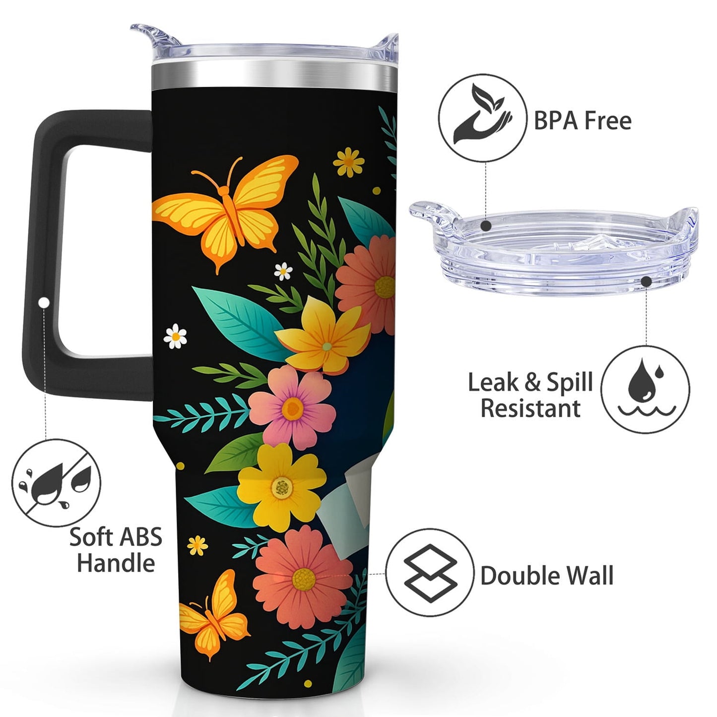 Floral Butterfly Earth Vibes Stainless Steel Tumbler, 40oz
