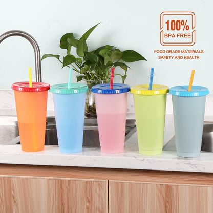NOGIS Color Changing Cups with Lids 24 oz Reusable Plastic Color Changing Tumblers, Set of 5, BPA FREE