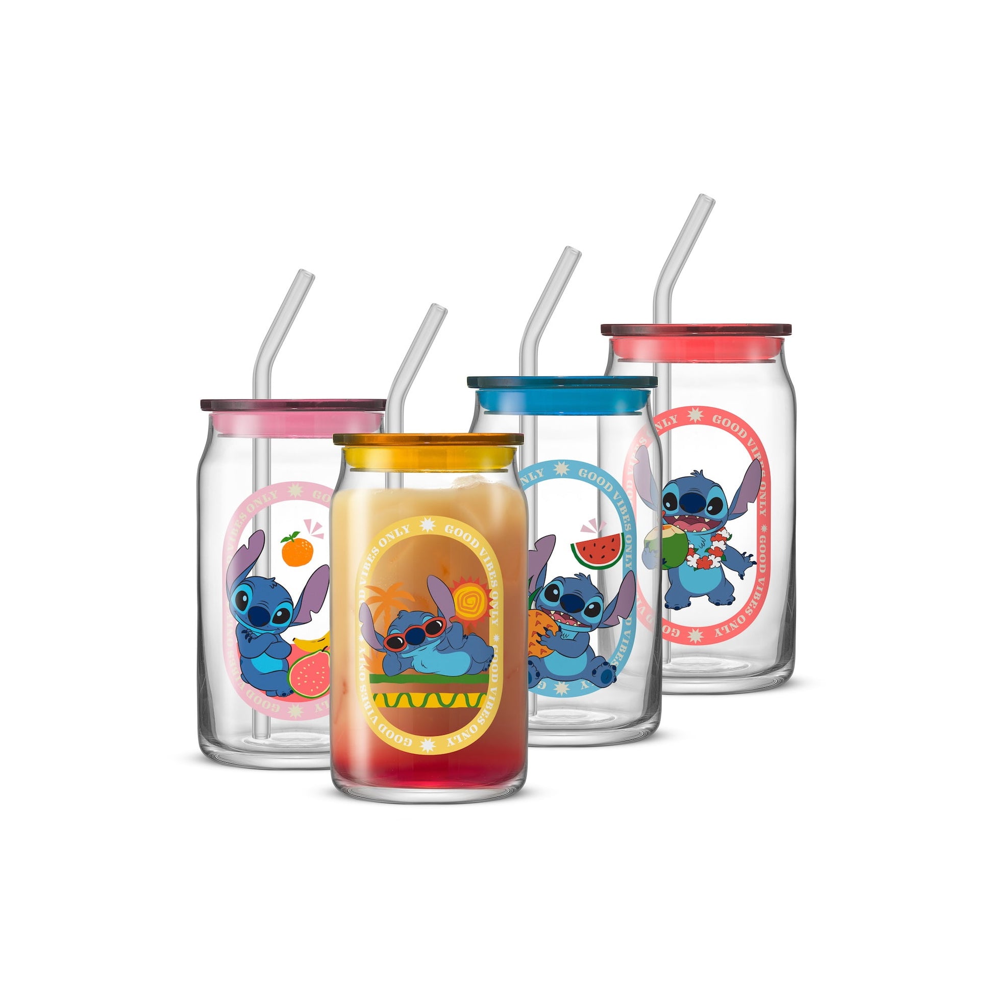 Disney Stitch Island Vibes Tumbler Glasses with Lids & Straws, 16-ounces, Set of 4