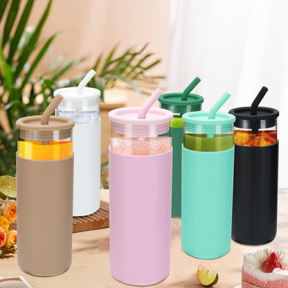 6 Pack Drinking Glasses with Silicone Lids and Glass Straw, 16 Oz  Ice Coffee Glass Cups, Smoothie Cups, Cute Tumbler Cup Great for Beer Water Outdoors(Include 6 Cleaning Brushes)