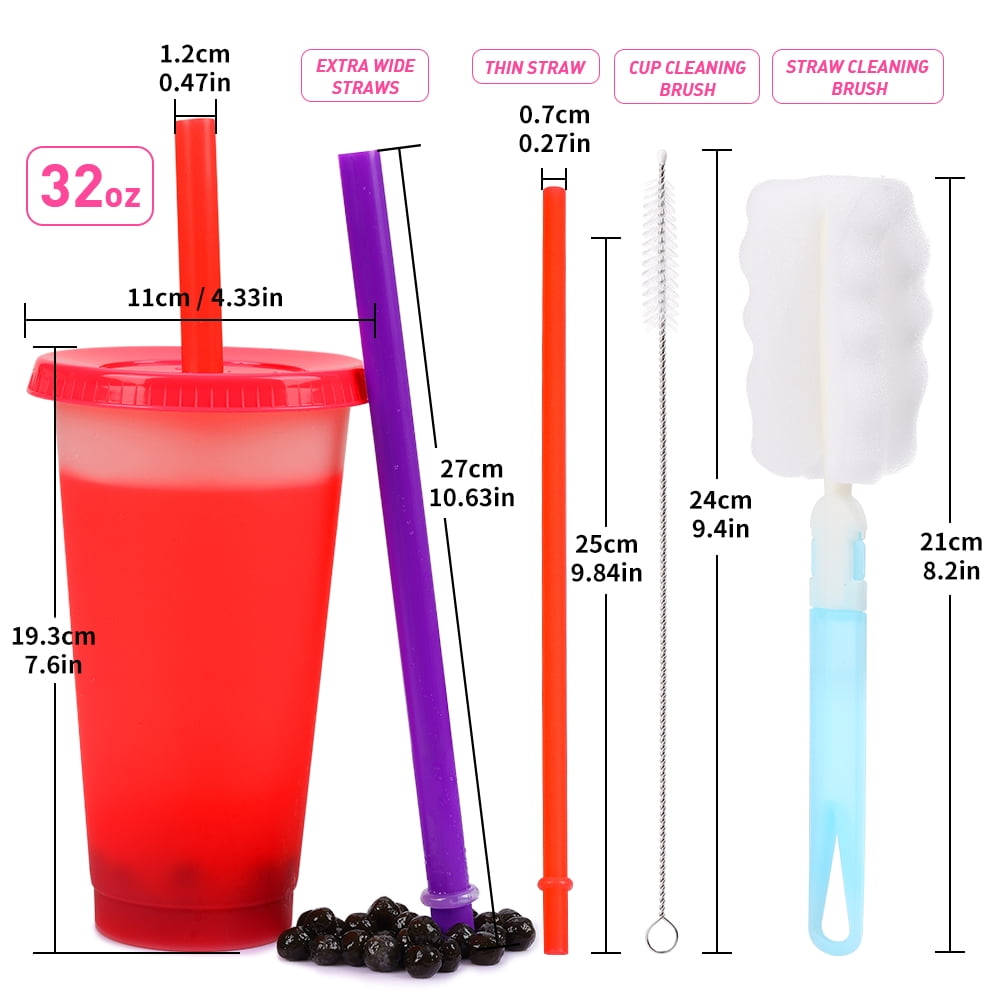 32 oz Unbreakable Color Changing Cups - Set of 5 - Plastic Tumbler Cups with Lids Straws - Perfect for Gifts - BPA Free - Dishwasher Safe - Stackable