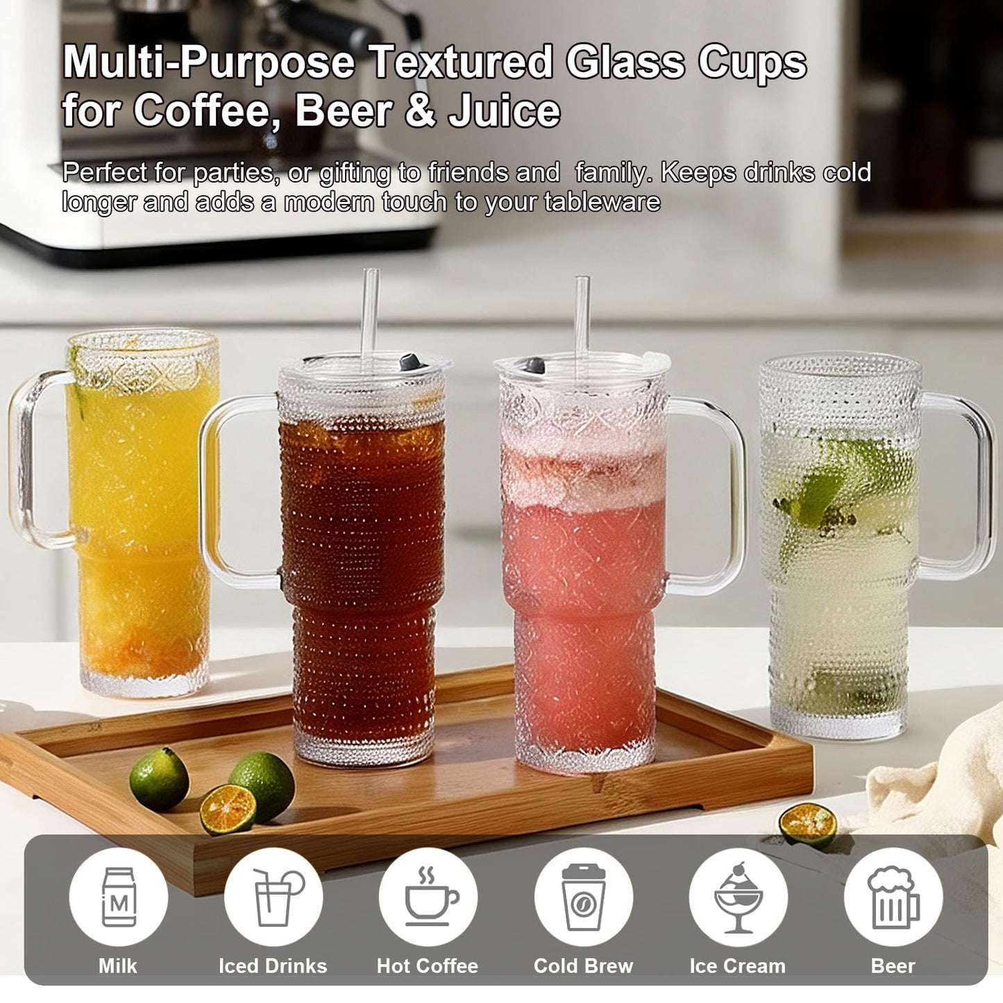 20 oz Glass Tumbler with Lid and Straw, Glass Iced Coffee Cups, Spill-proof Glasses Tumbler with Handle, Glasses Drinking Set of 4, Vintage Glassware for Cocktail, Juice, Smoothies