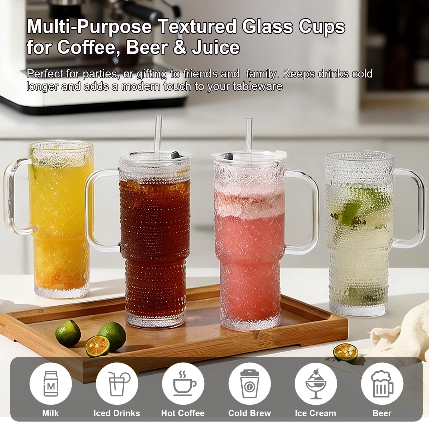 20 oz Glass Tumbler with Lid and Straw, Glass Iced Coffee Cups, Spill-proof Glasses Tumbler with Handle, Glasses Drinking Set of 4, Vintage Glassware for Cocktail, Juice, Smoothies