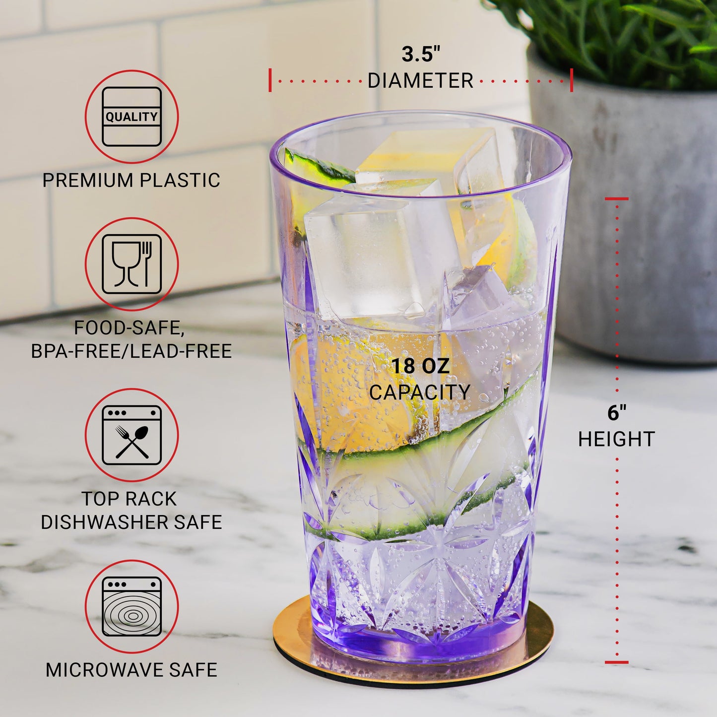 Bravario Royal Plastic Drinking Tumbler, Dishwasher-Safe BPA-Free Water Glasses, Durable Mixed Colors Assorted Stackable Cups, 18 oz Set of 6
