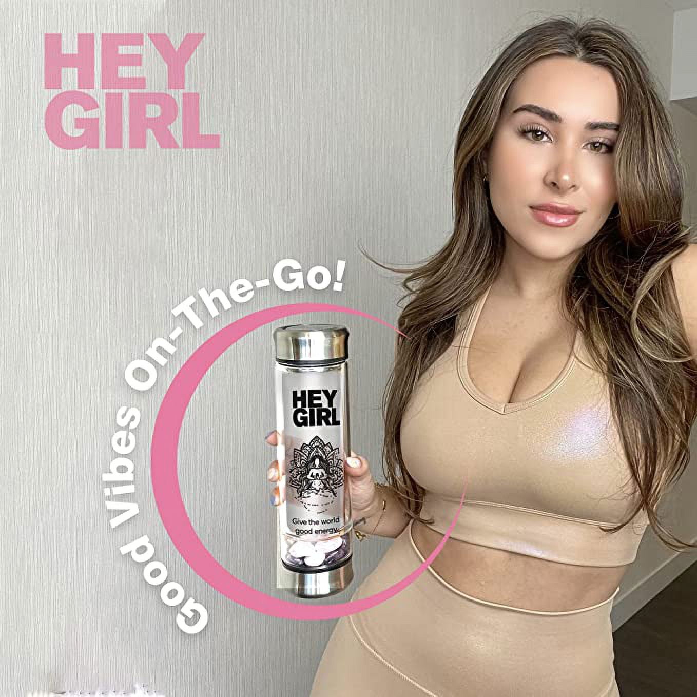 Hey Girl Crystal Water Bottle with Rose Quartz & Amethyst Crystal - Reusable Glass Water Bottles - Tea Infuser Bottle, Clear Glass Travel Mug Tumbler for Women - 350ml