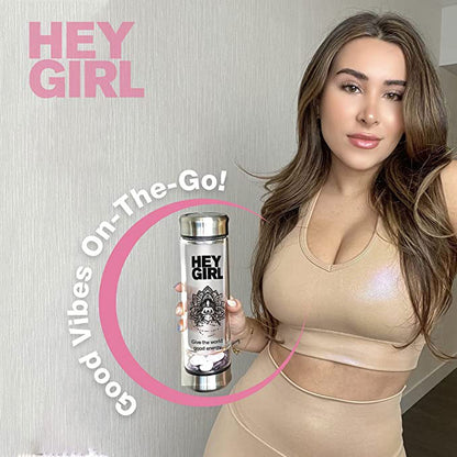 Hey Girl Crystal Water Bottle with Rose Quartz & Amethyst Crystal - Reusable Glass Water Bottles - Tea Infuser Bottle, Clear Glass Travel Mug Tumbler for Women - 350ml