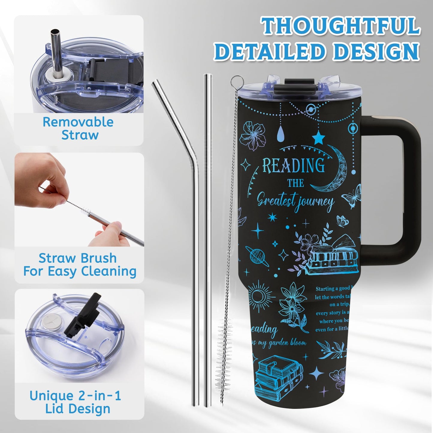JOPJOLIW 40oz Book Lover Tumbler with Handle and Straw, Insulated Stainless Steel Gift for Readers, Book Reader Gifts for Women, Christmas, Birthday Gift for Women, Friends, and Mothers