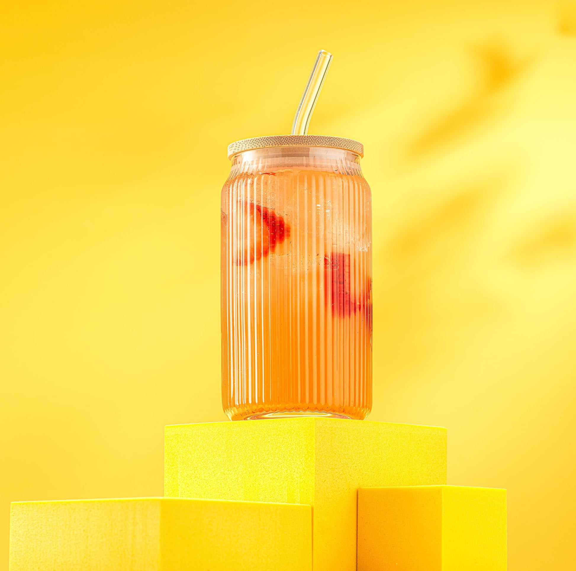 Fluted Glass Tumblers with Bamboo Lids and Straws - 16 oz - Set of 4