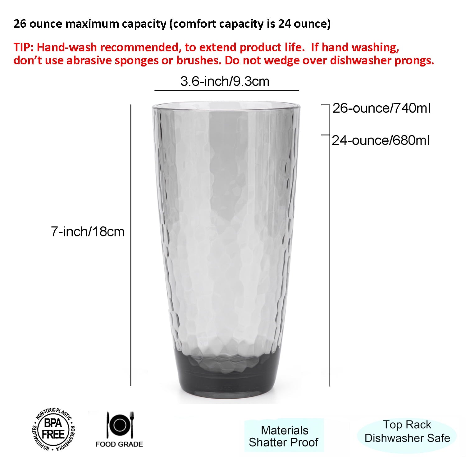 KX-Ware Hammered 15 Ounce and 26 Ounce Plastic Tumbler Acrylic Drinking Glasses,  Set of 8 Grey