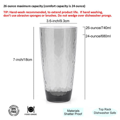 KX-Ware Hammered 15 Ounce and 26 Ounce Plastic Tumbler Acrylic Drinking Glasses,  Set of 8 Grey