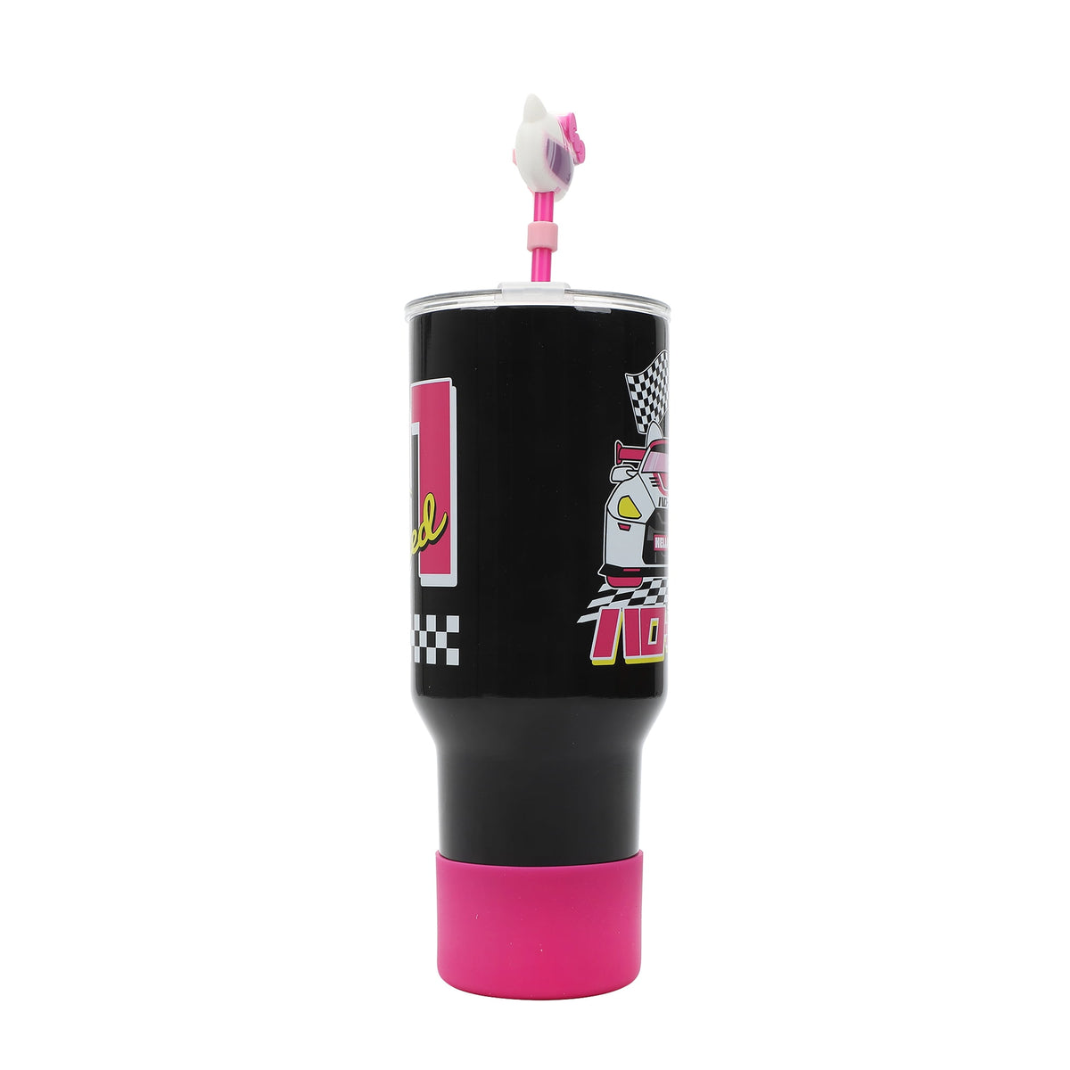 Bioworld Hello Kitty Race Car Vacuum Insulated 40 Oz. Black & Pink Stainless Steel Tumbler with Leak-Proof Lid & Easy Carry Handle for Travel or Home