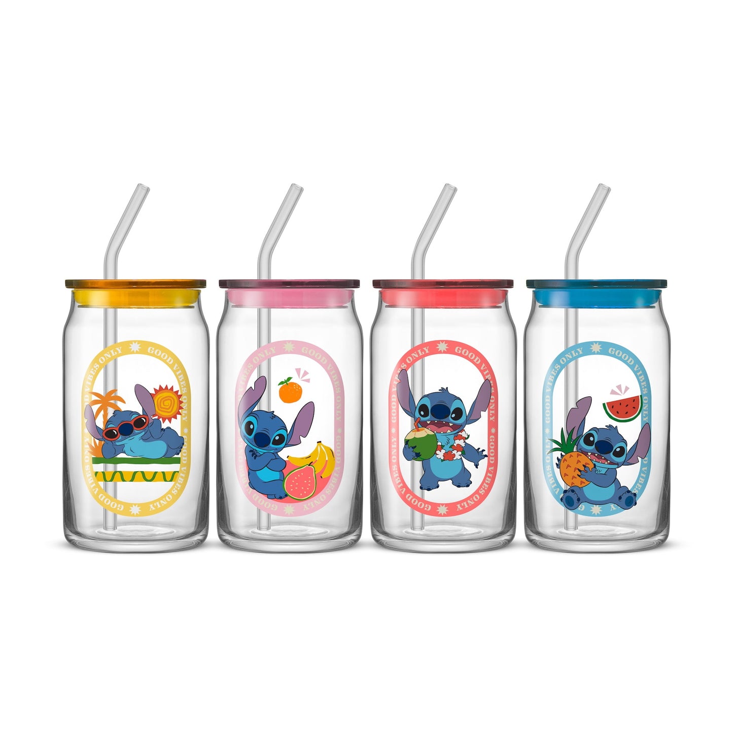 Disney Stitch Island Vibes Tumbler Glasses with Lids & Straws, 16-ounces, Set of 4