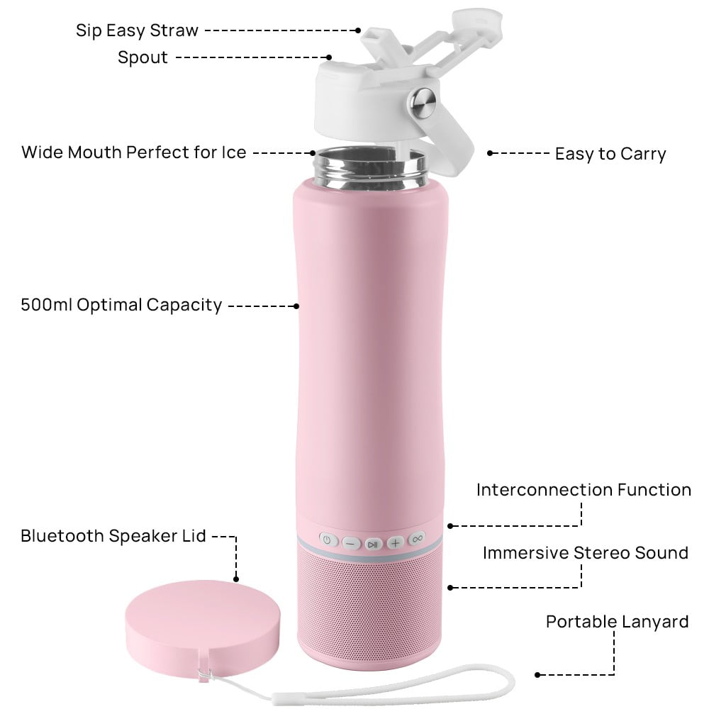 MYONAZ Insulated Water Bottle Bluetooth Speaker 2-in-1 18oz Stainless Steel Tumbler with Portable Speaker Ideal for Outdoor, School and Family Activities（Pink）