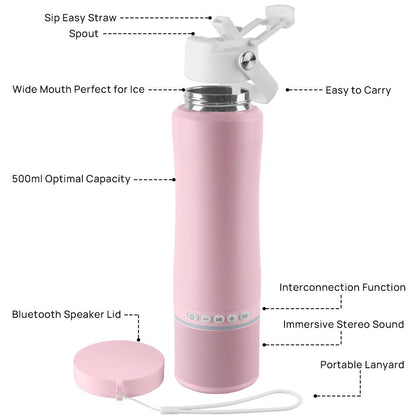 MYONAZ Insulated Water Bottle Bluetooth Speaker 2-in-1 18oz Stainless Steel Tumbler with Portable Speaker Ideal for Outdoor, School and Family Activities（Pink）
