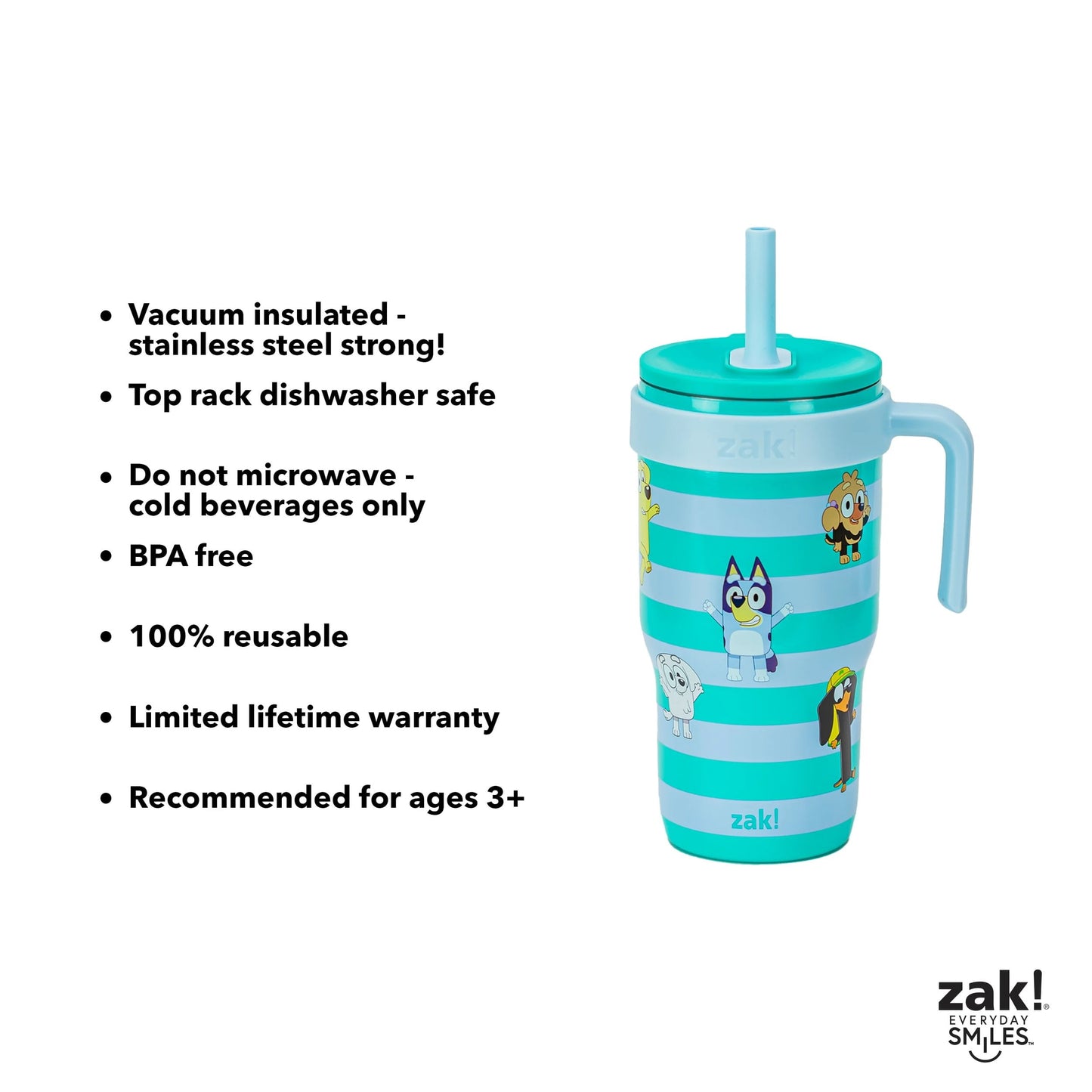 (2 pack) Zak Designs 18oz Bluey Kids Straw Handle Tumbler, Stainless Steel Vacuum Insulated Cruiser Tumbler with Silicone Straw Utilizing Leak-Proof Valve, Stripes