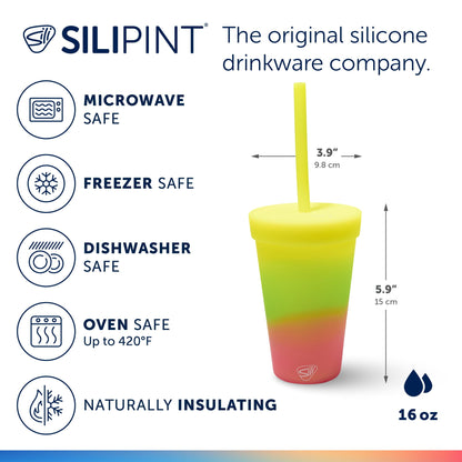 Silipint 16oz Silicone Tumbler with Straw Lid – Unbreakable, Non-Toxic, Dishwasher Safe & Spill Proof Tumbler – Leakproof Travel Mug for Coffee, Juice, Cocktail, Pack of 4, Ombre Glow Yellow