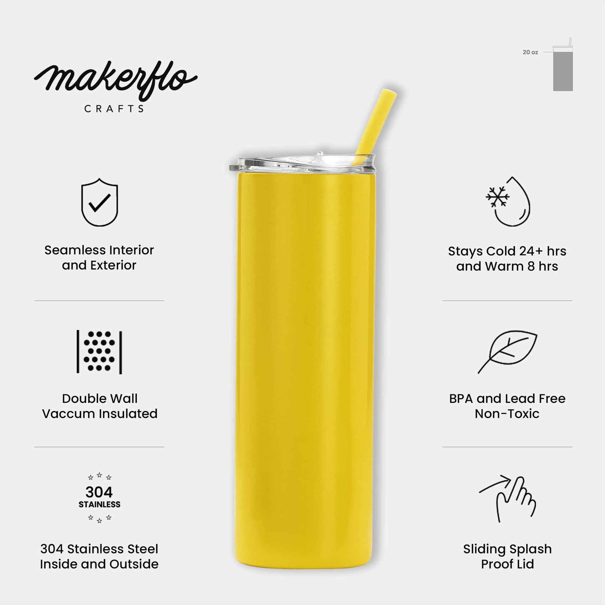 Makerflo Yellow 20 oz Skinny Powder Coated Tumbler (25 Pack) Ideal for DIY Crafts -Laser Engraving