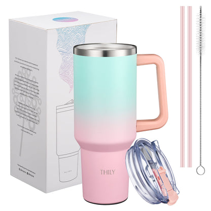 THILY 40 oz Vacuum Insulated Tumbler with Handle - Stainless Steel Coffee Travel Mug with Lid and Straws, Keep Drinks Cold 34 Hours or Hot 12 Hours, for Cold Drinking, Tea, Iced Water, Candy Pink