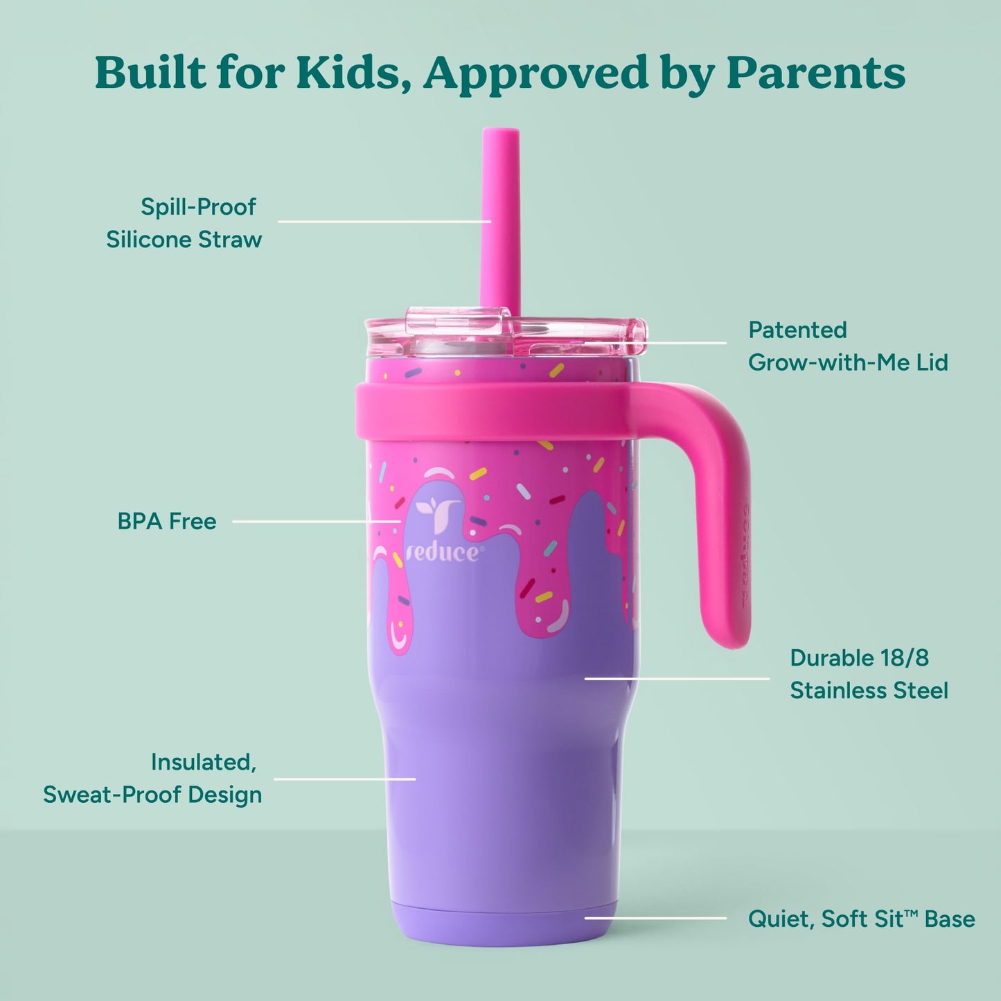 Reduce Coldee Kids Insulated Tumbler with Straw, 18oz Stainless Steel Spill-Proof Cup with Handle, Ice Cream