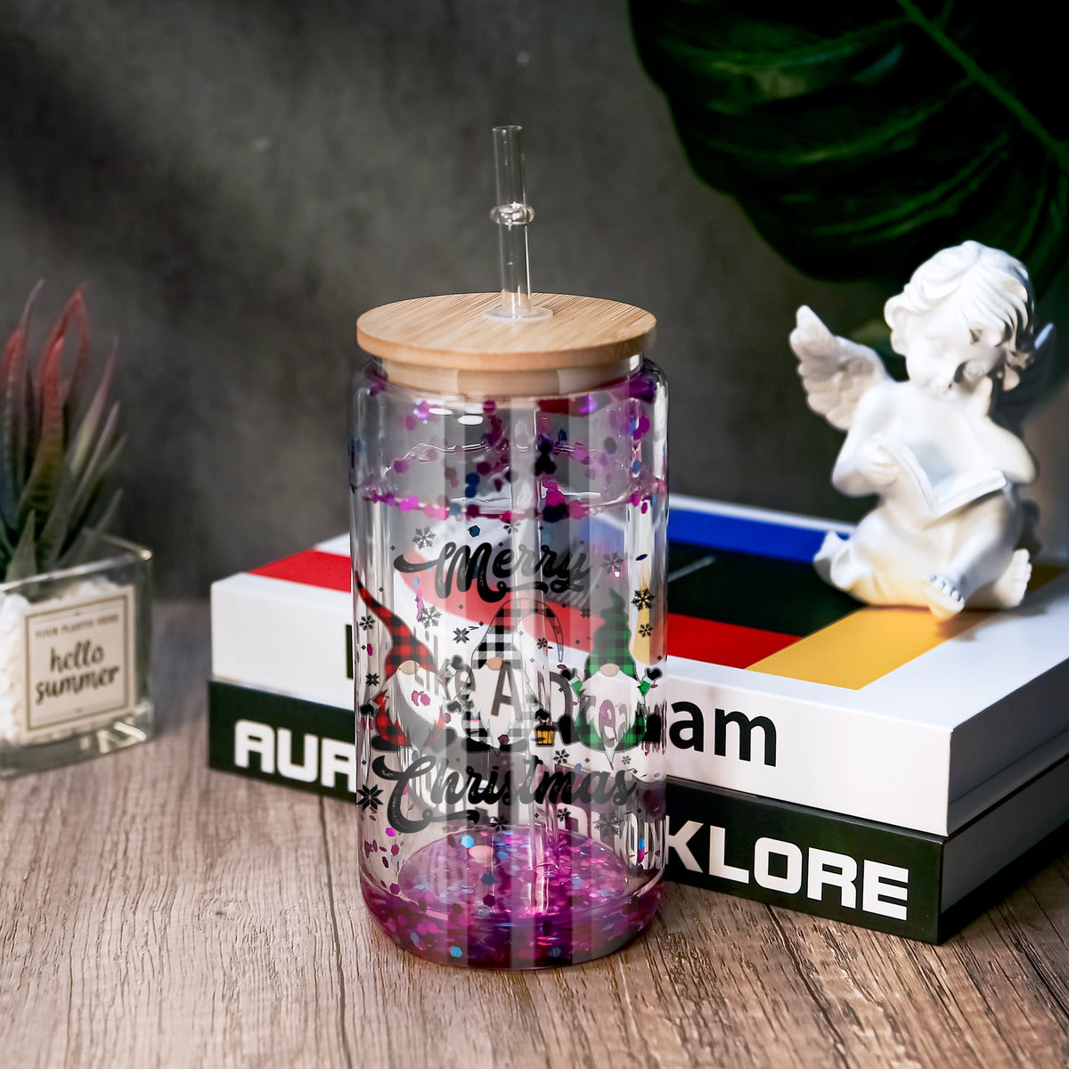 AGH 16oz Sublimation Snow Globe Glass Can Shaped Tumblers with Bamboo Lids and Straws - 25 Pack, Duble Wall Blank Beer Can Clear Glass Ice Coffee Cups with Pre Drilled Hole for Snow Globe DIY