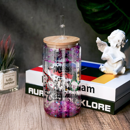 AGH 16oz Sublimation Snow Globe Glass Can Shaped Tumblers with Bamboo Lids and Straws - 25 Pack, Duble Wall Blank Beer Can Clear Glass Ice Coffee Cups with Pre Drilled Hole for Snow Globe DIY