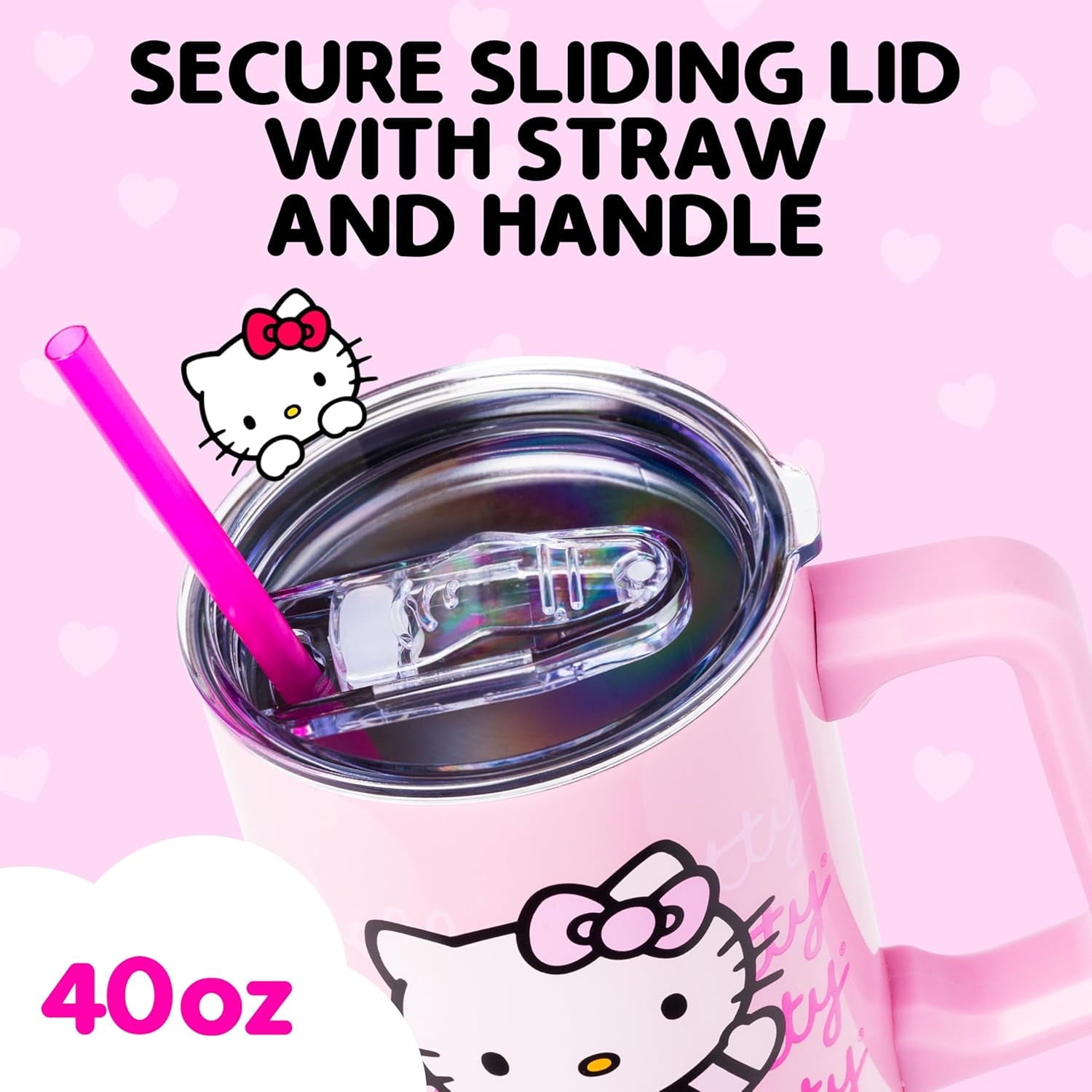 Silver Buffalo Sanrio Hello Kitty Waving Stainless Steel Tumbler with Handle and Straw, Fits in Standard Cup Holder, 40 Ounces