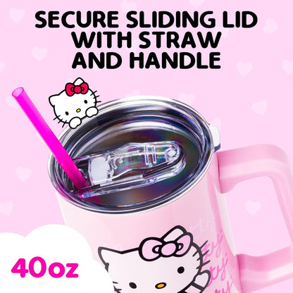 Silver Buffalo Sanrio Hello Kitty Waving Stainless Steel Tumbler with Handle and Straw, Fits in Standard Cup Holder, 40 Ounces