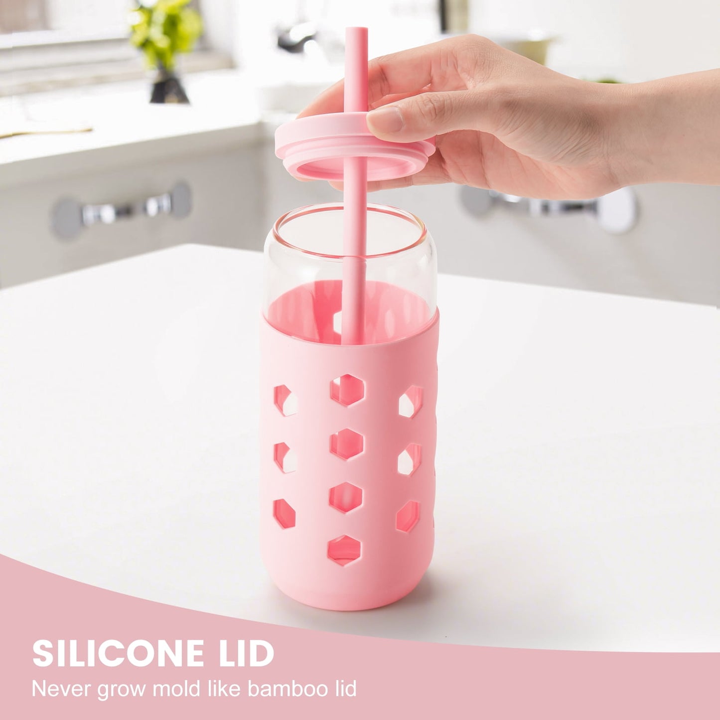 Mrsdry Glass Cups with Silicone Lids and Straws (4 Pcs), 20oz Drinking Glasses Set with Silicone Sleeves for Coffee Bar Accessories Iced Coffee Cups with Lids, Glass Tumbler Reusable for Gifts