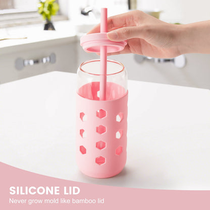 Mrsdry Glass Cups with Silicone Lids and Straws (4 Pcs), 20oz Drinking Glasses Set with Silicone Sleeves for Coffee Bar Accessories Iced Coffee Cups with Lids, Glass Tumbler Reusable for Gifts