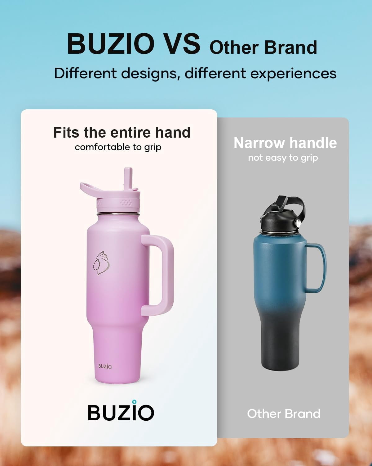 BUZIO 40 oz Water Bottle Fits in Cup Holder Insulated Tumbler with Handle Water Flask with 2 Lids Wide Mouth Travel Mug,Gradient Pink