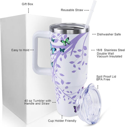 Butterfly Tumbler 40 oz Tumbler with Handle and Straw Lid Leak Proof,Butterfly Coffee Travel Mug with Handle Insulated for Hot and Cold Drink Ice,Christmas Birthday Butterfly Gifts for Women Cup
