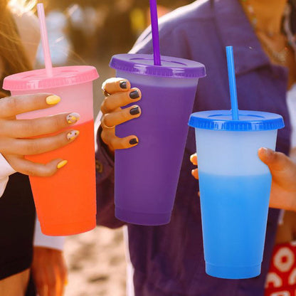 GIXUSIL 24oz Color Changing Cups Plastic Bulk Tumblers with Lids and Straws Spill Proof, 9pcs Reusable Summer Cold Drink Cups,Iced Coffee Tumblers/Party Cup for Women Adults