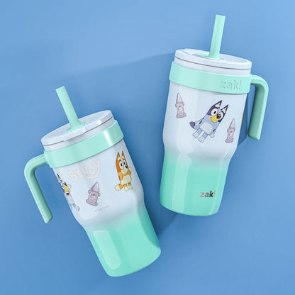 (2 pack) Zak Designs Bluey Kids Insulated Tumbler with Straw, 18oz Stainless Steel Leak-Proof Cup with Handle