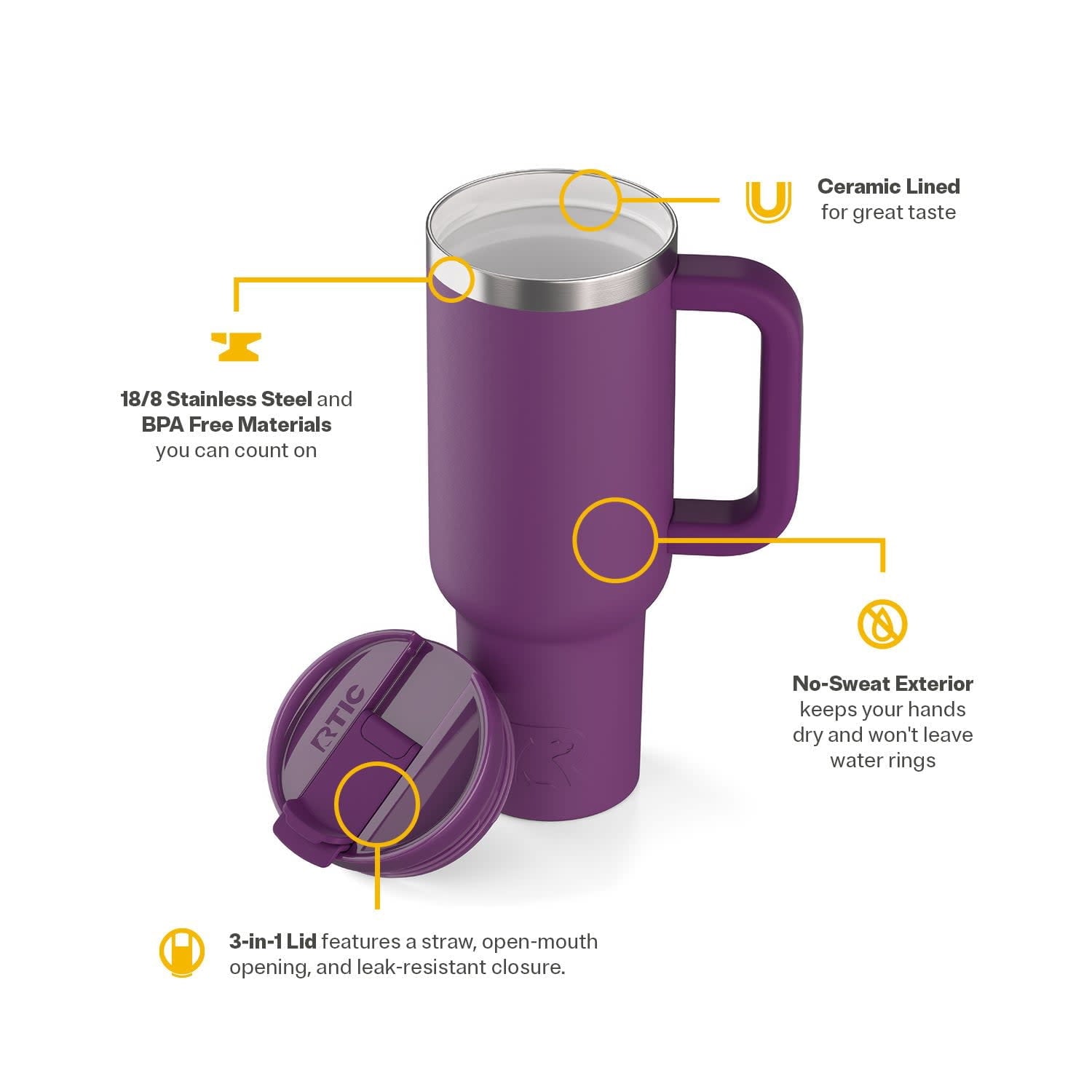 RTIC 40 oz Ceramic Lined Road Trip Tumbler with Handle and Leak-Resistant Straw Lid, Berry Jam