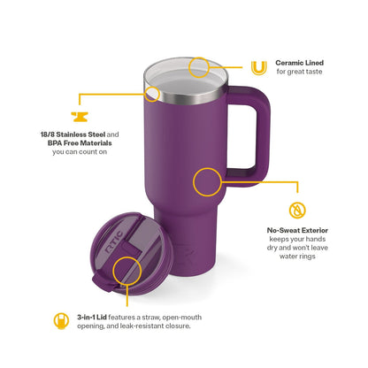 RTIC 40 oz Ceramic Lined Road Trip Tumbler with Handle and Leak-Resistant Straw Lid, Berry Jam