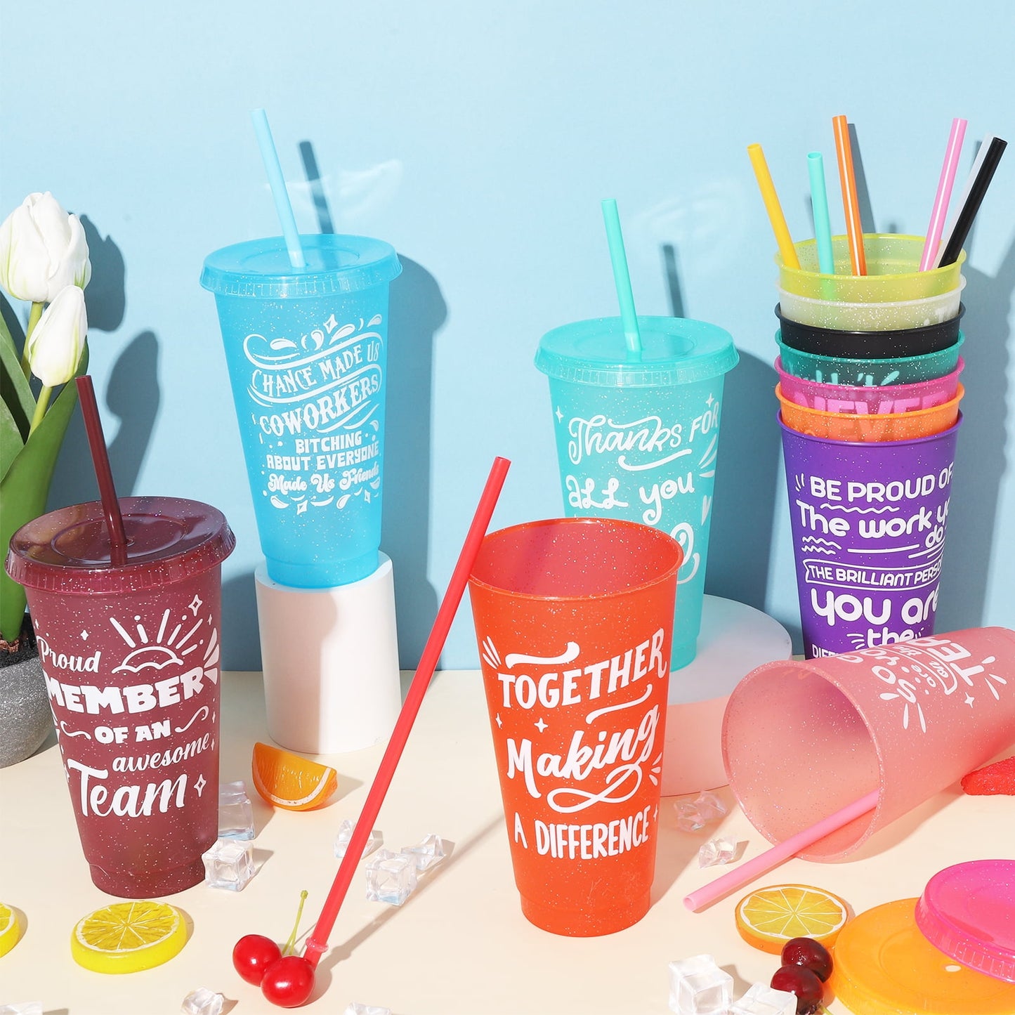 sixwipe 24 Pcs Appreciation Tumblers Gifts Bulk, 24 oz Employee Thank You Cup with Lids and Straws, Reusable Party Favor Cups for Coworker Team Staff Teacher Employee Volunteer Gift