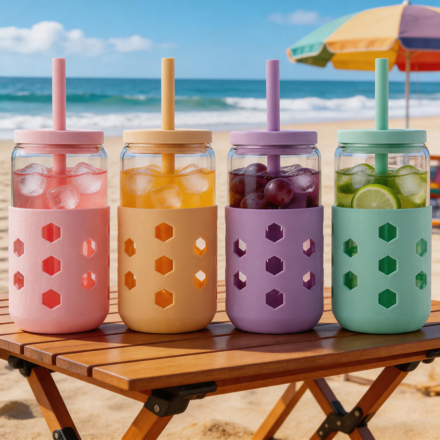 Mrsdry Glass Cups with Silicone Lids and Straws (4 Pcs), 20oz Drinking Glasses Set with Silicone Sleeves for Coffee Bar Accessories Iced Coffee Cups with Lids, Glass Tumbler Reusable for Gifts
