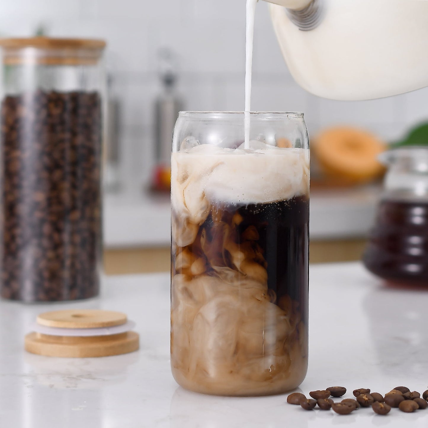 4 Pcs Drinking Glasses  with Bamboo Lids and Stainless Steel Straws - 16 oz Can Shaped Glasses, Lovely Tumbler Cups for Cocktails, Beer, Iced Coffee, Soda, Boba Tea, Including 1 Cleaning Brushe.