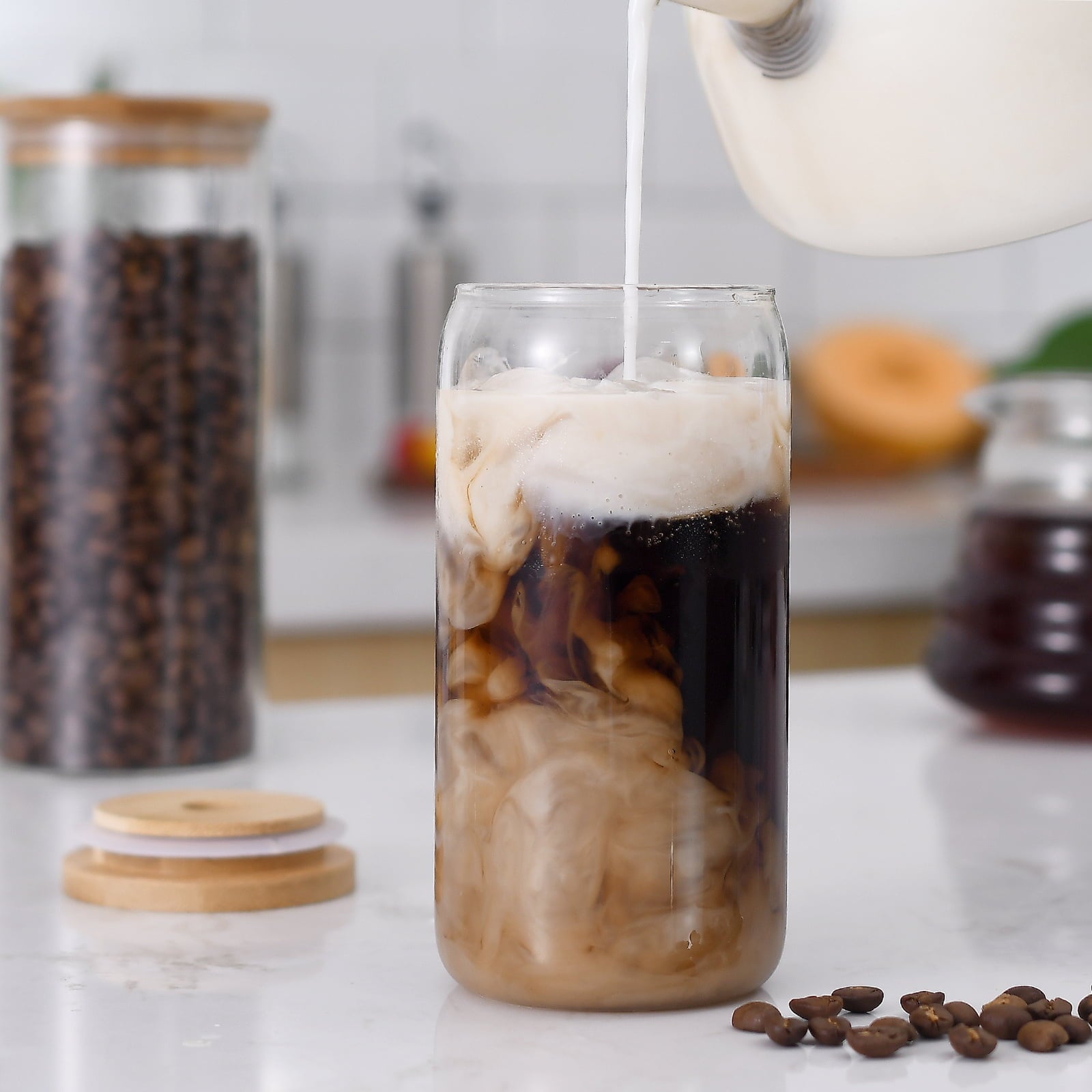 4 Pcs Drinking Glasses  with Bamboo Lids and Stainless Steel Straws - 16 oz Can Shaped Glasses, Lovely Tumbler Cups for Cocktails, Beer, Iced Coffee, Soda, Boba Tea, Including 1 Cleaning Brushe.